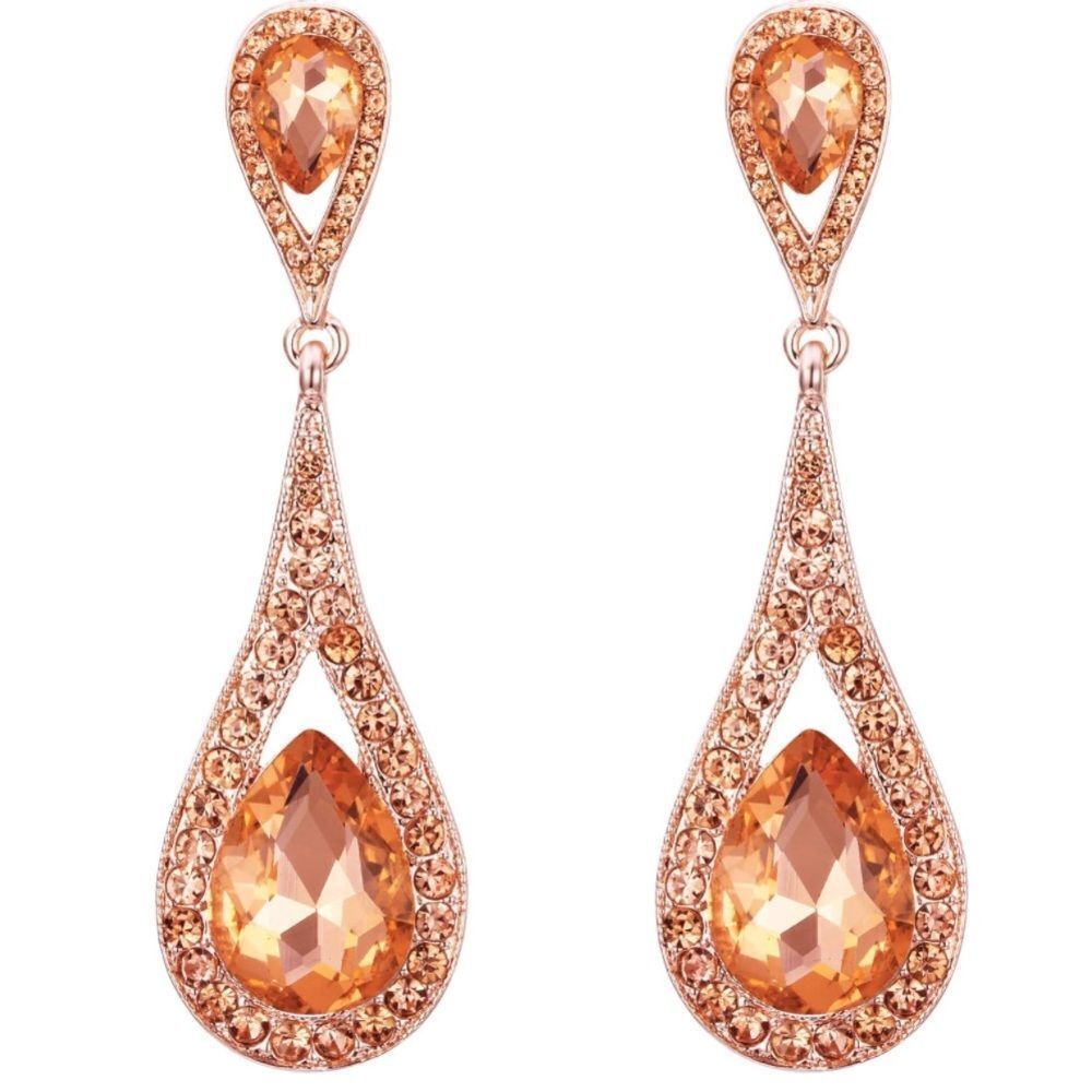 Rose Gold with Peach Morganite Austrian Crystal Dual Dangling Teardrop Earrings